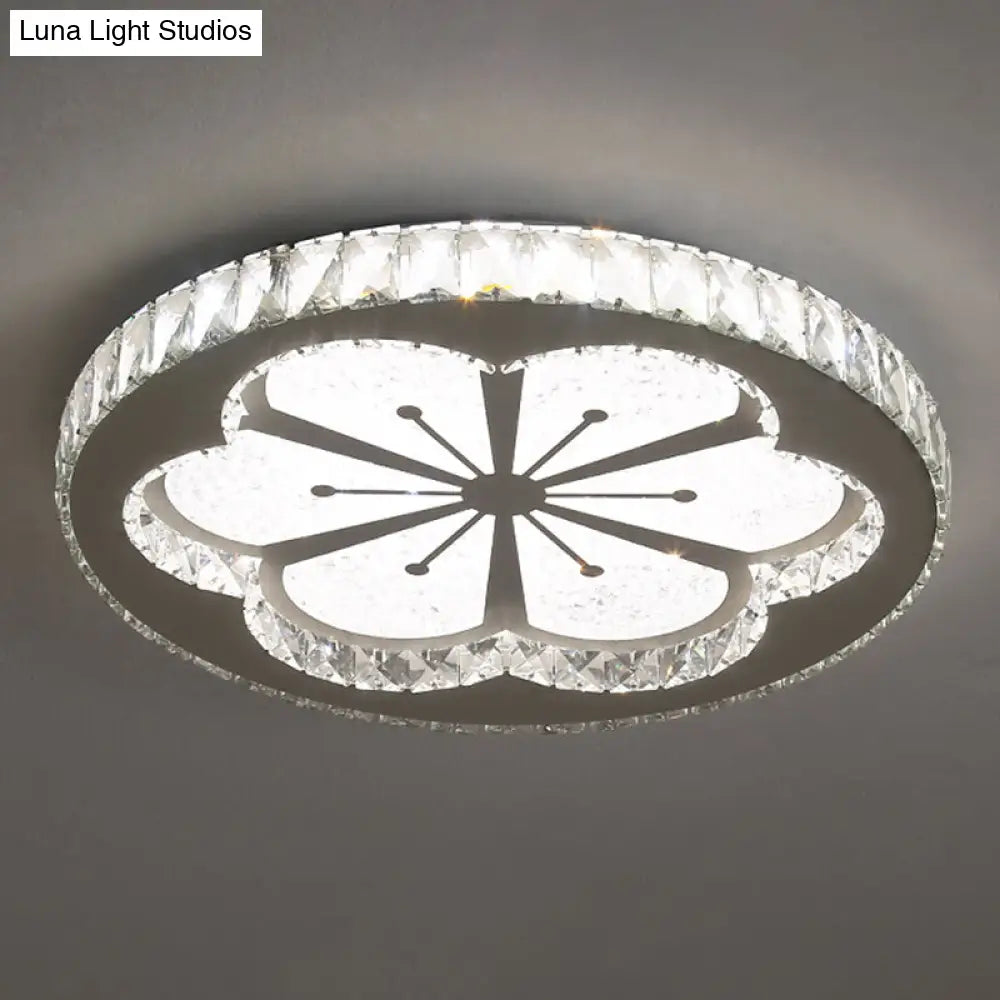 Contemporary Crystal Led Bedroom Ceiling Light In Stainless-Steel Flush Mount / White Flower