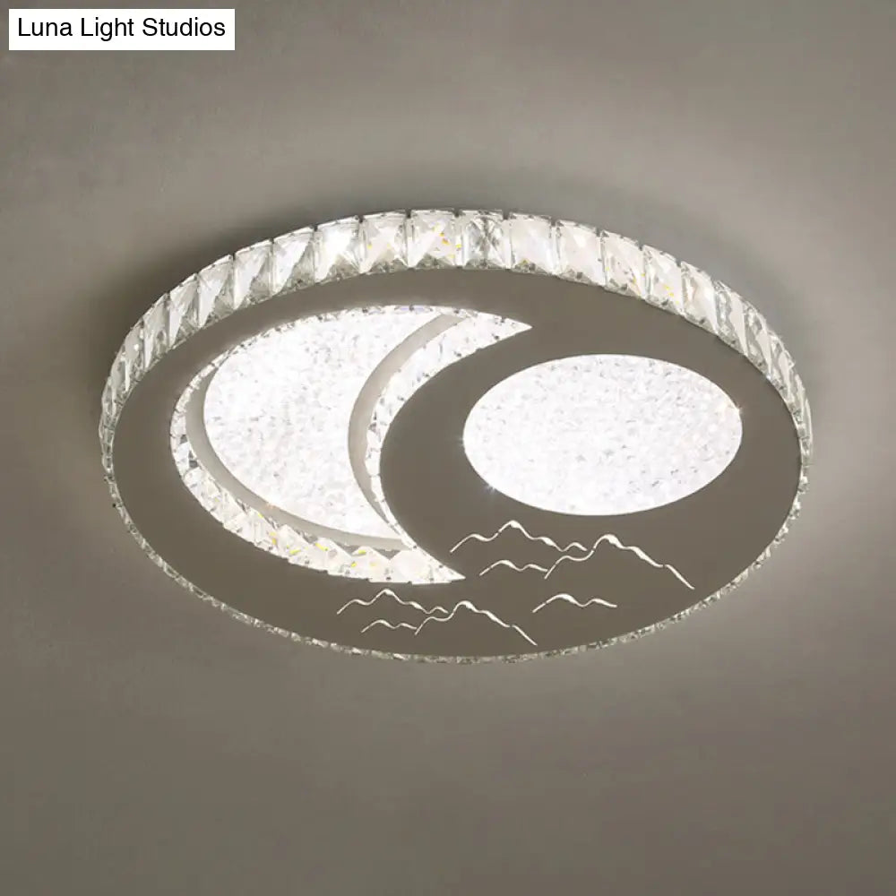 Contemporary Crystal Led Bedroom Ceiling Light In Stainless-Steel Flush Mount / Third Gear Moon