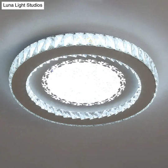 Contemporary Crystal Led Bedroom Ceiling Light In Stainless-Steel Flush Mount / White Leaf