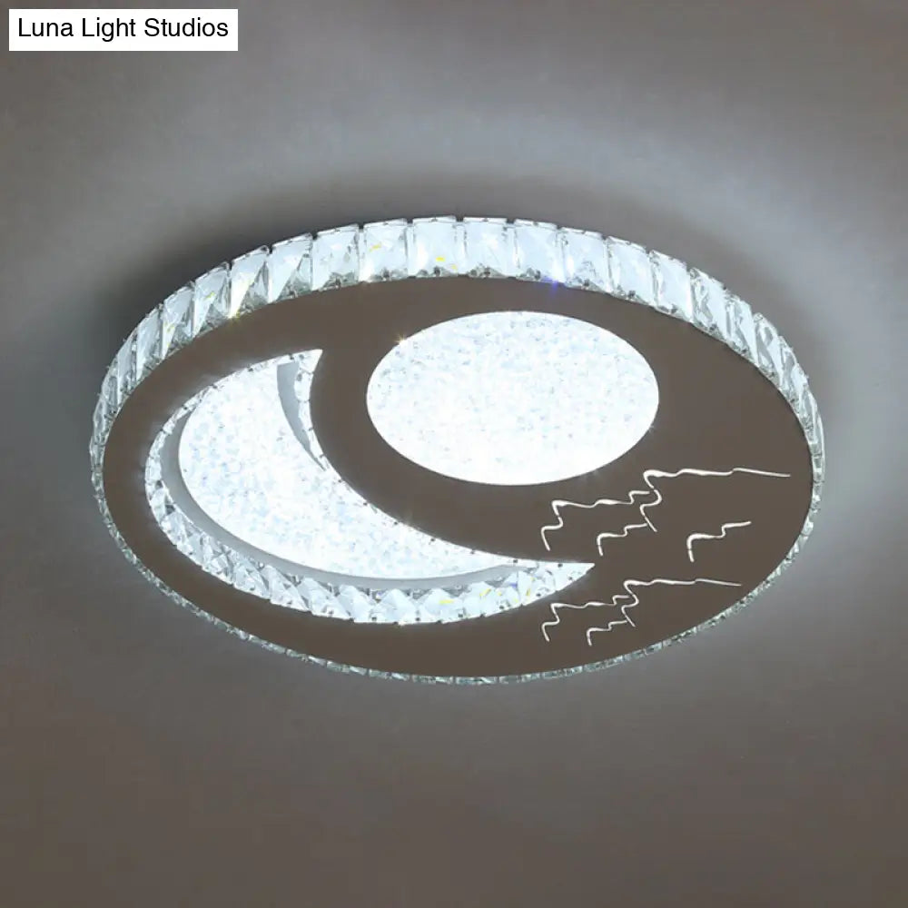 Contemporary Crystal Led Bedroom Ceiling Light In Stainless-Steel Flush Mount / White Moon