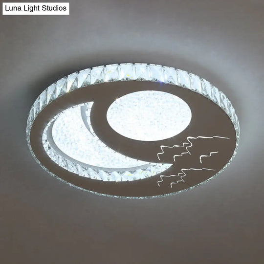 Contemporary Crystal Led Bedroom Ceiling Light In Stainless-Steel Flush Mount / White Moon