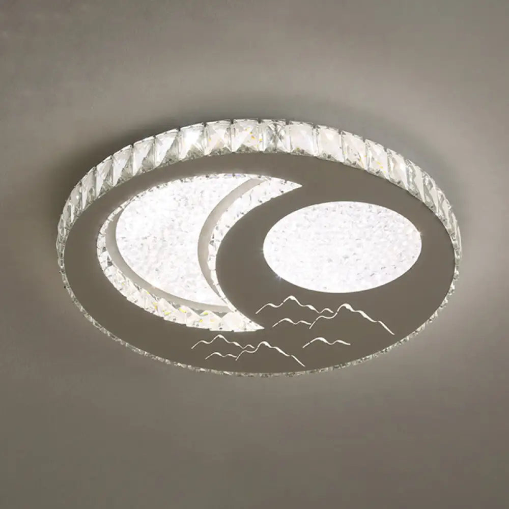 Contemporary Crystal Led Bedroom Ceiling Light In Stainless - Steel Flush Mount / Third Gear Moon