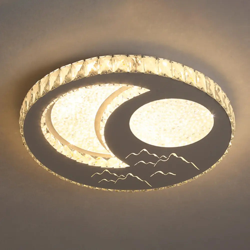 Contemporary Crystal Led Bedroom Ceiling Light In Stainless - Steel Flush Mount / Warm Moon