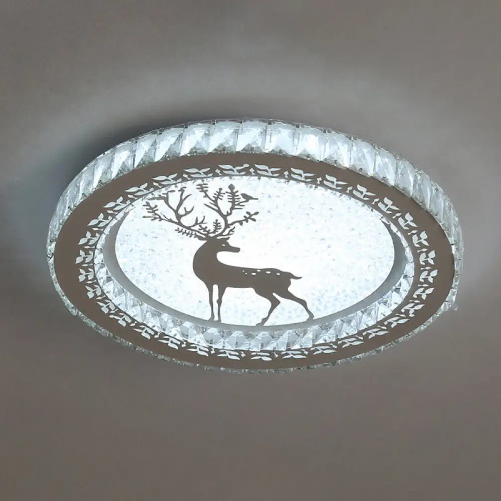 Contemporary Crystal Led Bedroom Ceiling Light In Stainless - Steel Flush Mount / White Deer