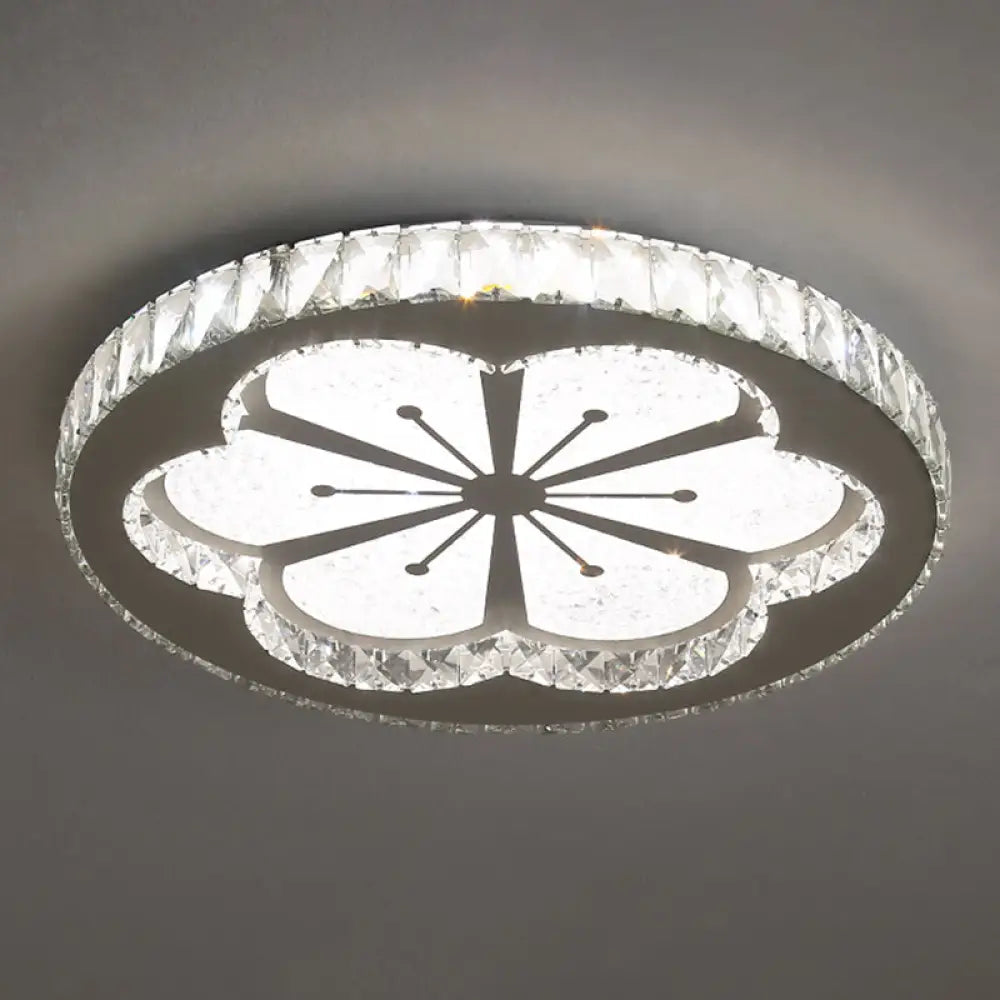 Contemporary Crystal Led Bedroom Ceiling Light In Stainless - Steel Flush Mount / White Flower