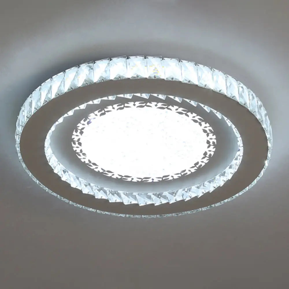 Contemporary Crystal Led Bedroom Ceiling Light In Stainless - Steel Flush Mount / White Leaf