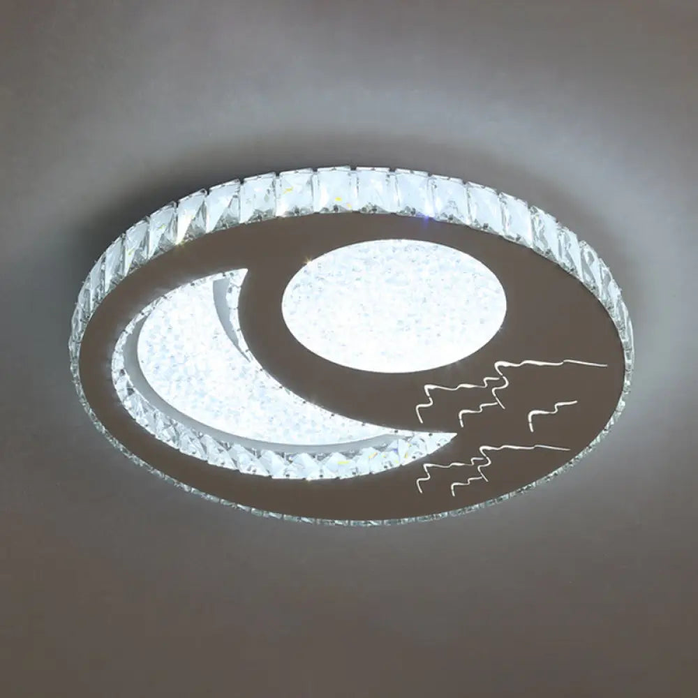 Contemporary Crystal Led Bedroom Ceiling Light In Stainless - Steel Flush Mount / White Moon