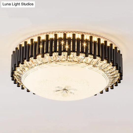 Contemporary Crystal Led Black Flush Ceiling Light With Chimes - Bedroom Bowl Fixture