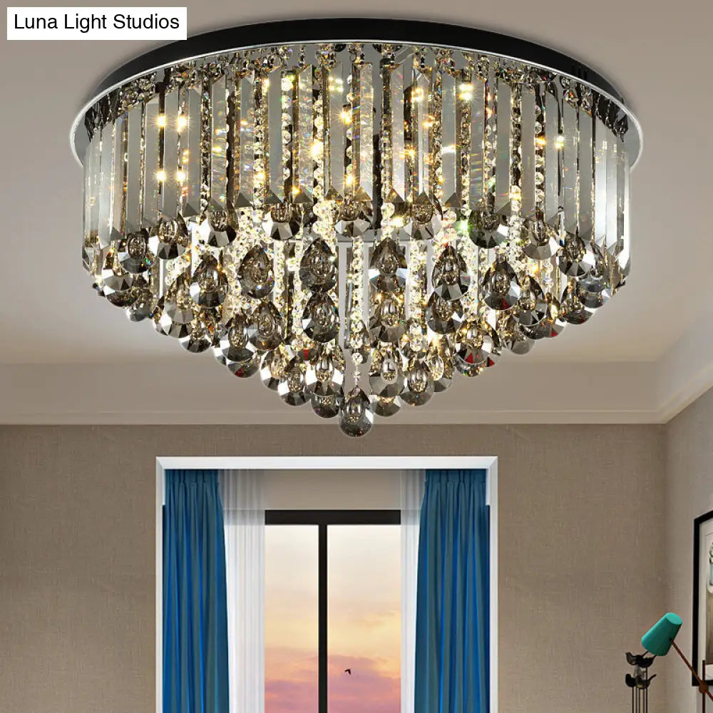 Contemporary Crystal Led Ceiling Lamp - 19.5/23.5 Multi-Tier Flush Mount In Smoke Grey For Bedroom