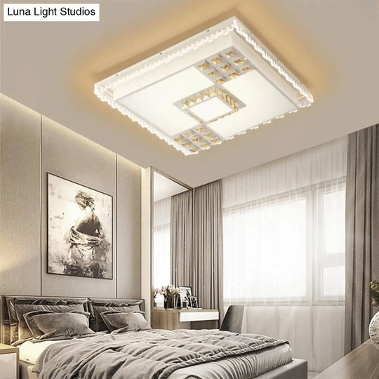 Contemporary Crystal Led Ceiling Light Fixture For Living Room - White Flushmount / Square