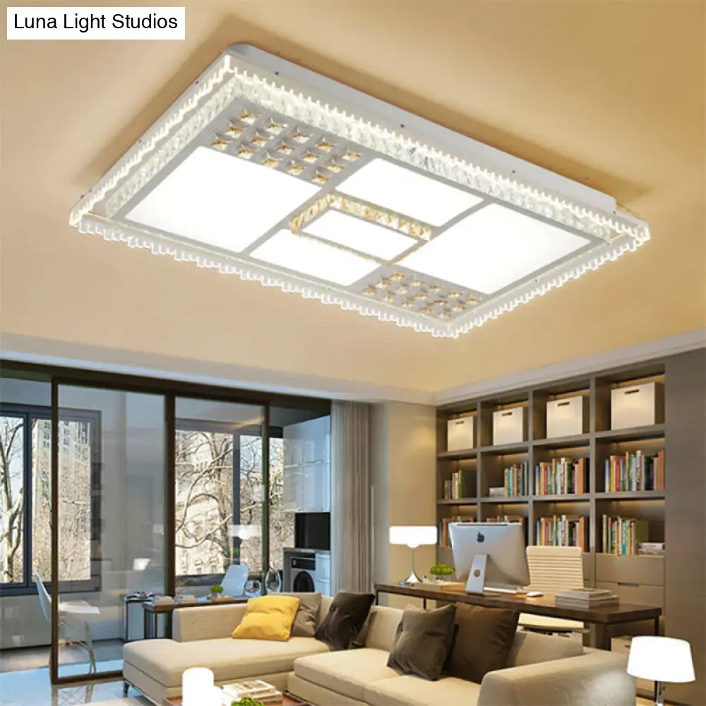 Contemporary Crystal Led Ceiling Light Fixture For Living Room - White Flushmount / Rectangle