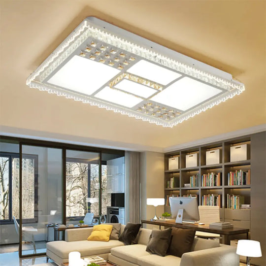 Contemporary Crystal Led Ceiling Light Fixture For Living Room - White Flushmount / Rectangle