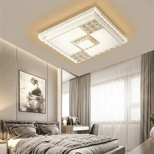 Contemporary Crystal Led Ceiling Light Fixture For Living Room - White Flushmount / Square