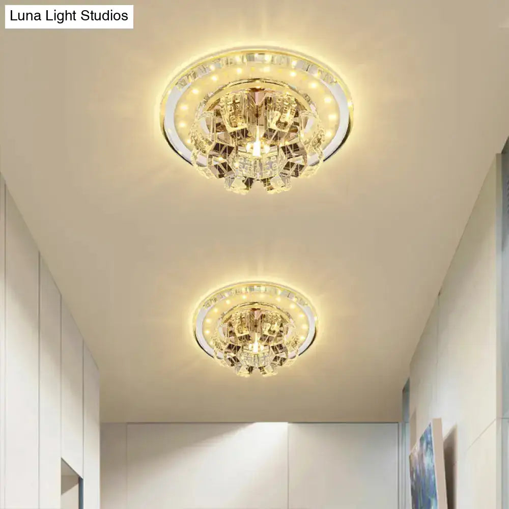 Contemporary Crystal Led Ceiling Light: Round Flush Mount In Chrome