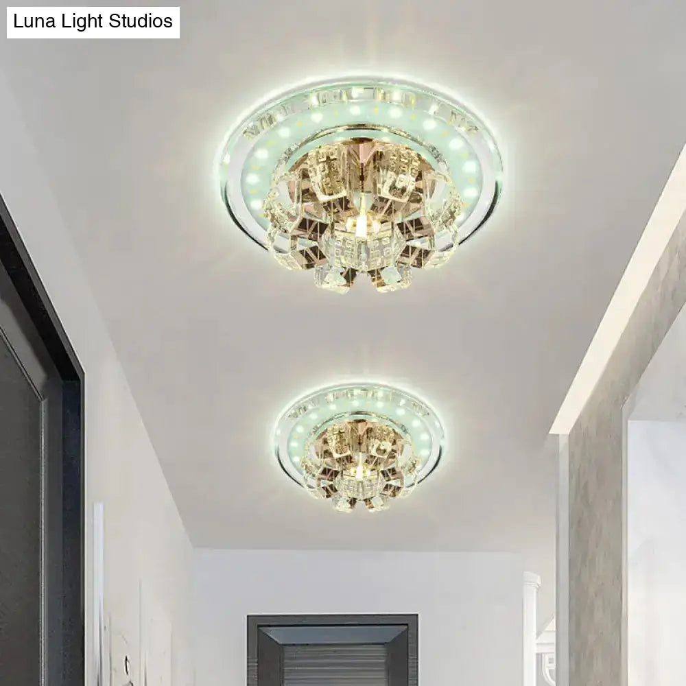 Contemporary Crystal Led Ceiling Light: Round Flush Mount In Chrome