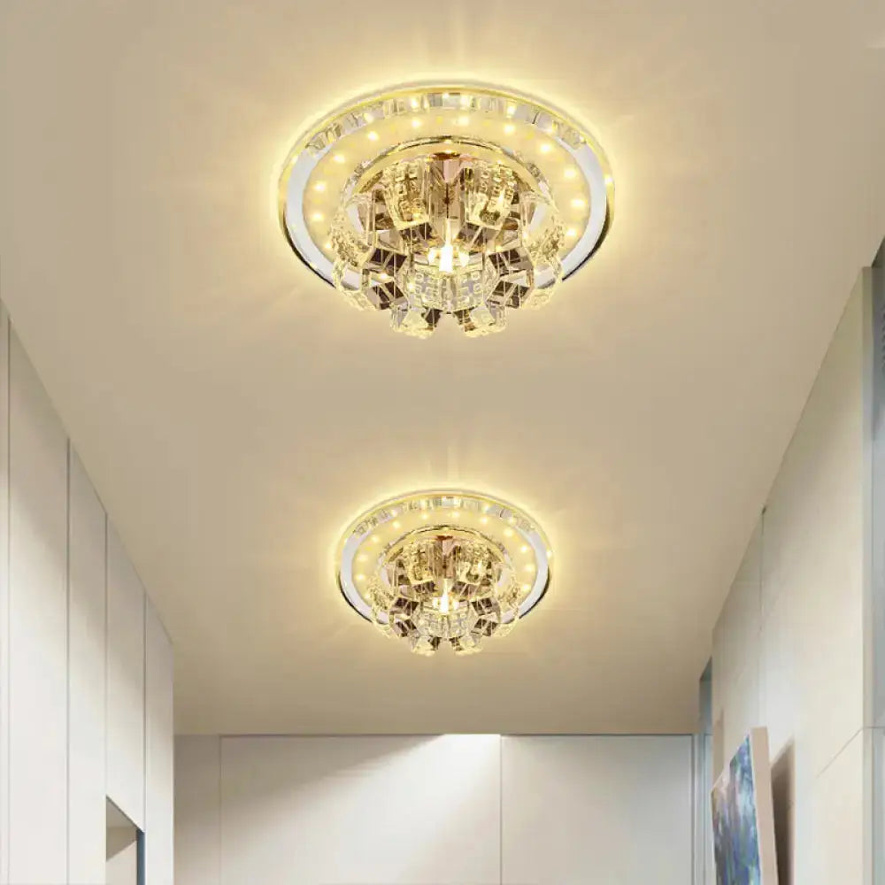 Contemporary Crystal Led Ceiling Light: Round Flush Mount In Chrome / Warm