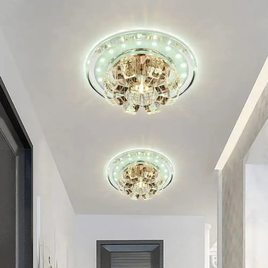 Contemporary Crystal Led Ceiling Light: Round Flush Mount In Chrome / White