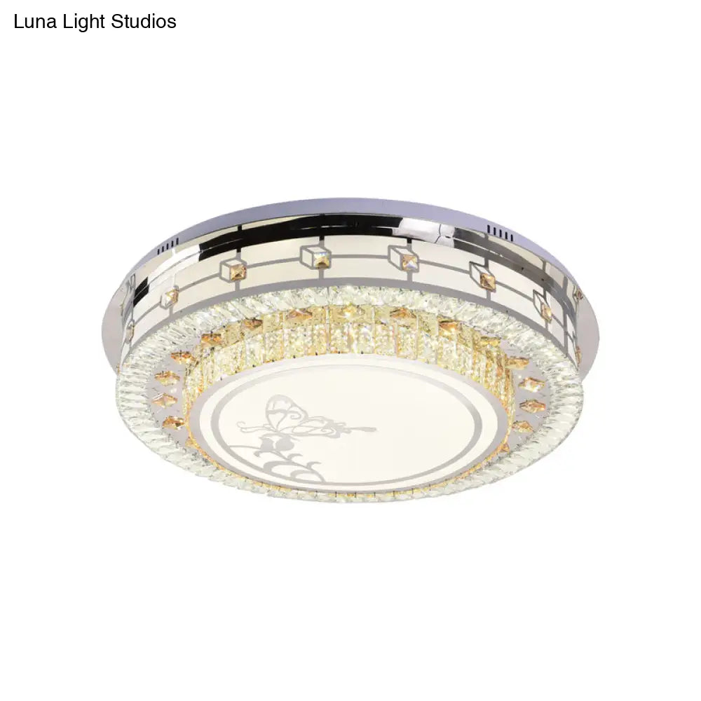 Contemporary Crystal Led Ceiling Light With Butterfly Pattern - Chrome Flush Mount Fixture
