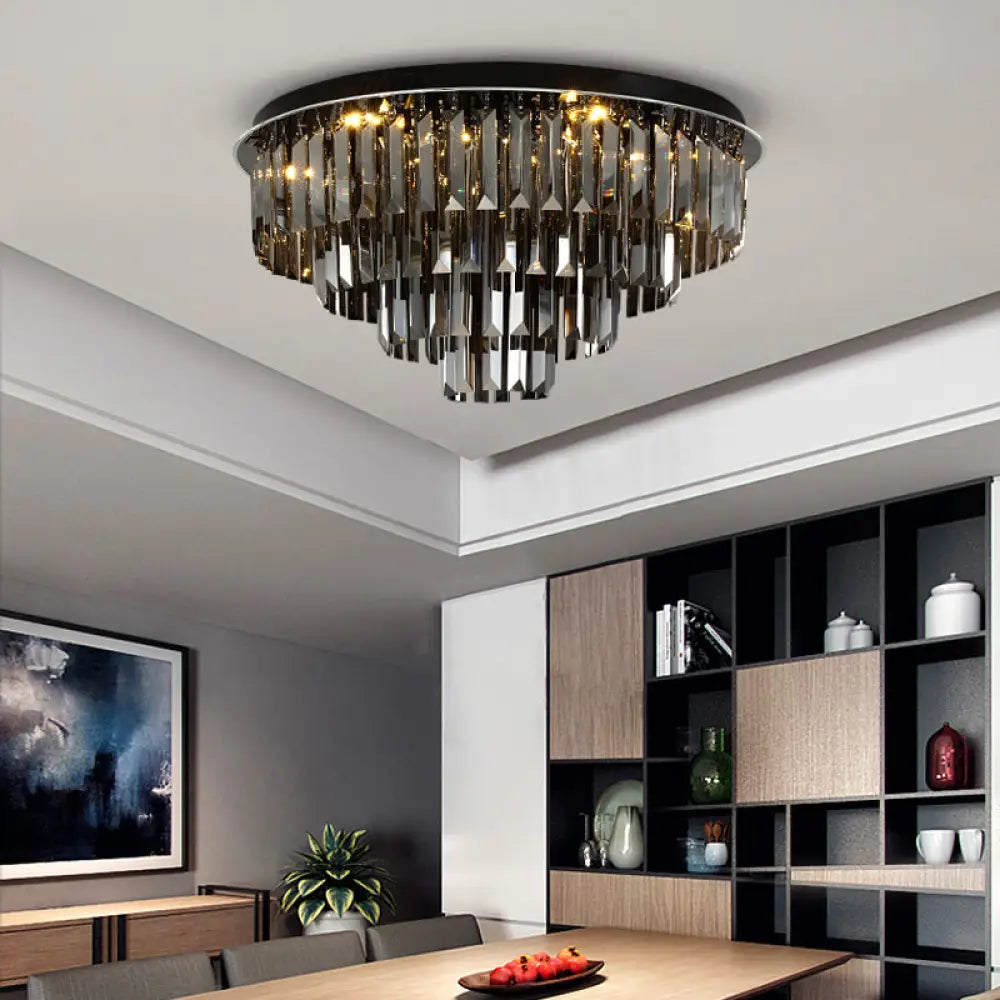 Contemporary Crystal Led Ceiling Mount Light - Smoke Gray Layered Design For Dining Room / 19.5’