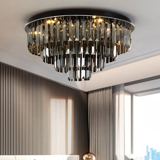 Contemporary Crystal Led Ceiling Mount Light - Smoke Gray Layered Design For Dining Room / 23.5’