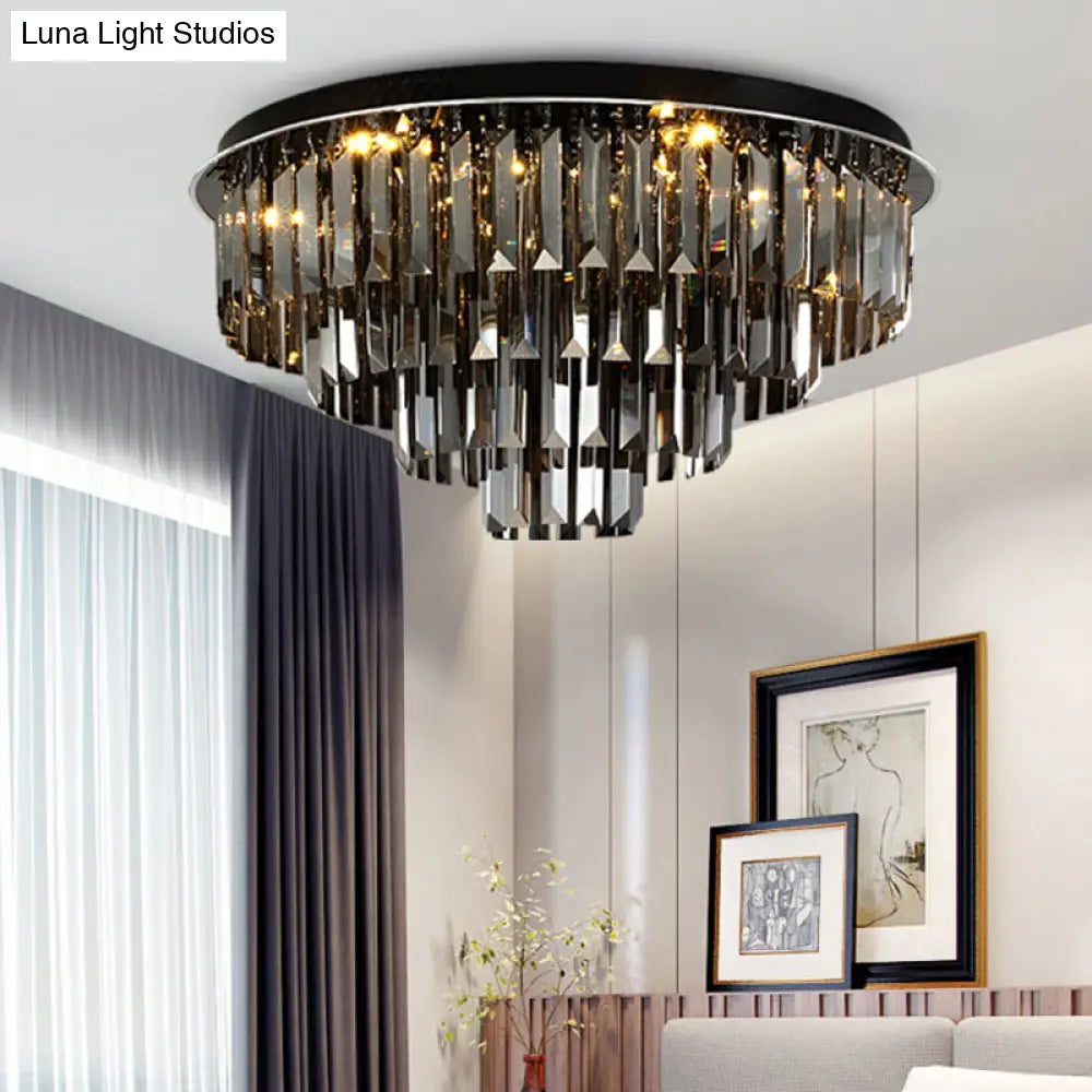 Contemporary Crystal Led Ceiling Mount Light - Smoke Gray Layered Design For Dining Room