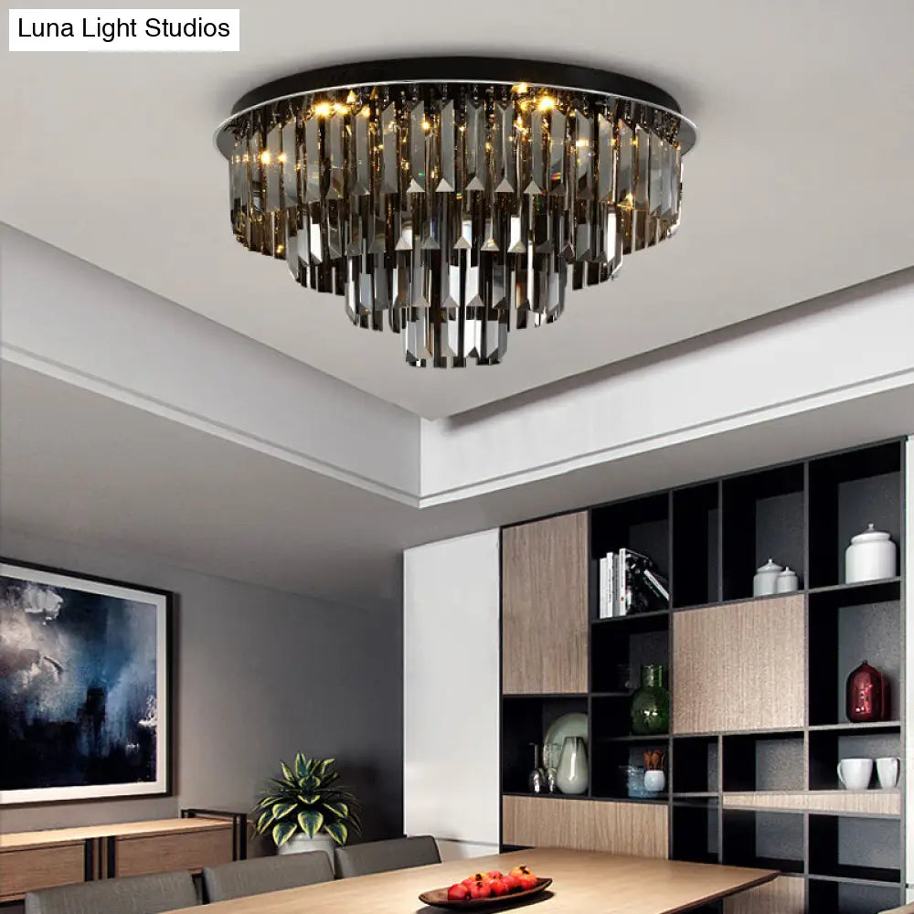 Contemporary Crystal Led Ceiling Mount Light - Smoke Gray Layered Design For Dining Room / 19.5
