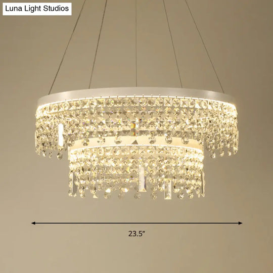 Contemporary Crystal Led Chandelier Lamp With Dual-Tiered Ring Design – Silver Suspension