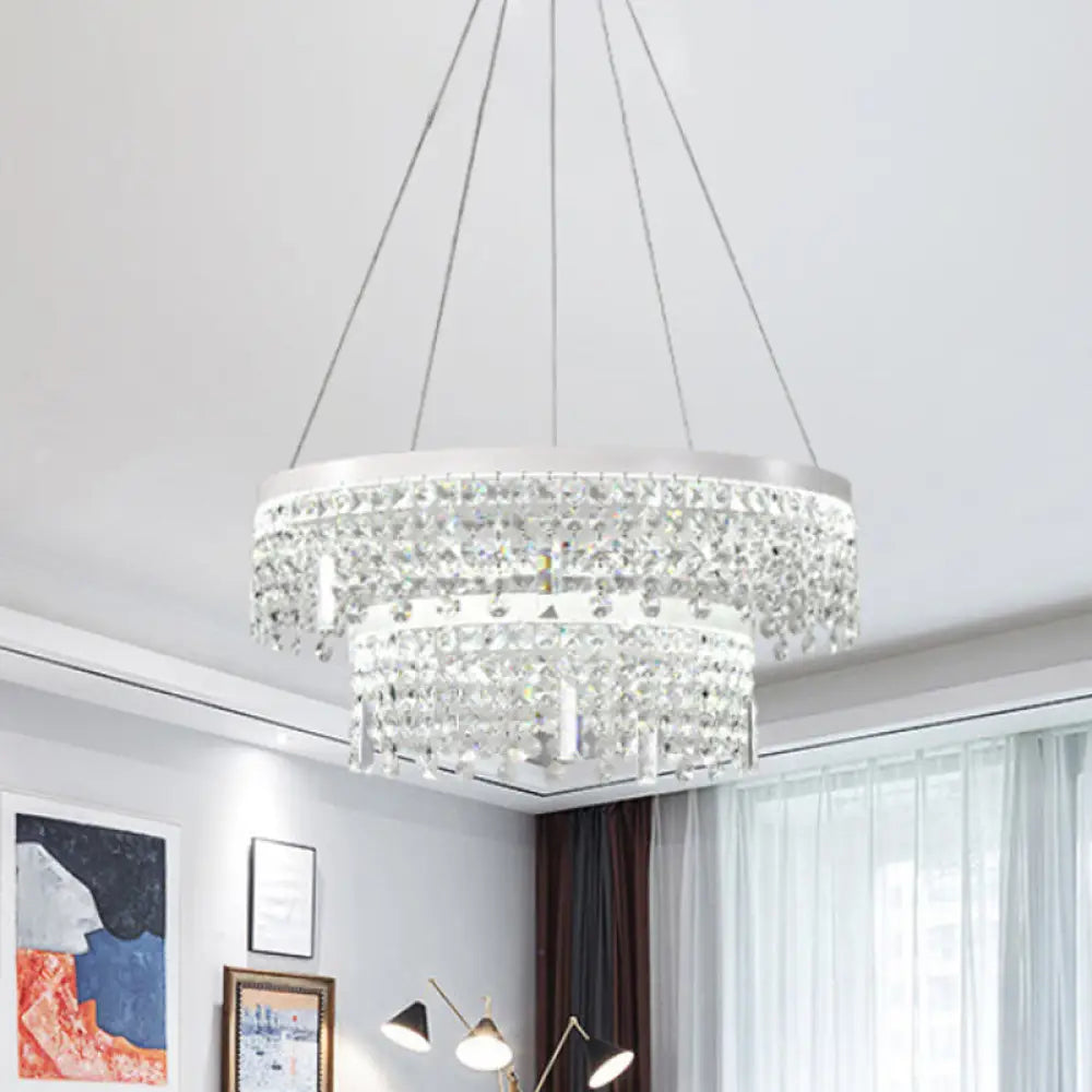 Contemporary Crystal Led Chandelier Lamp With Dual-Tiered Ring Design – Silver Suspension