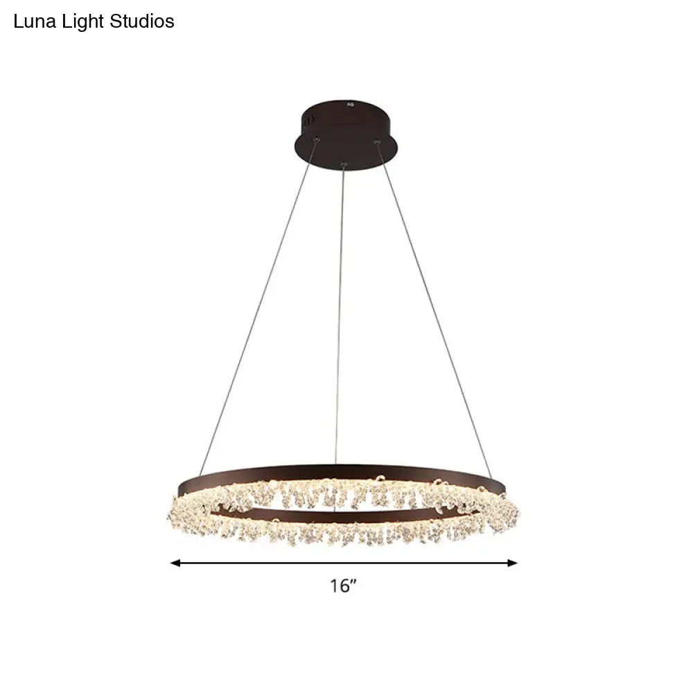 Contemporary Crystal Led Chandelier Light: Brown Round Hanging Lamp Natural Light For Bedroom -