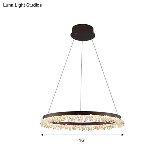 Contemporary Crystal Led Chandelier Light: Brown Round Hanging Lamp Natural Light For Bedroom -