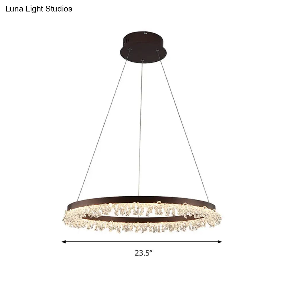 Contemporary Crystal Led Chandelier Light: Brown Round Hanging Lamp Natural Light For Bedroom -