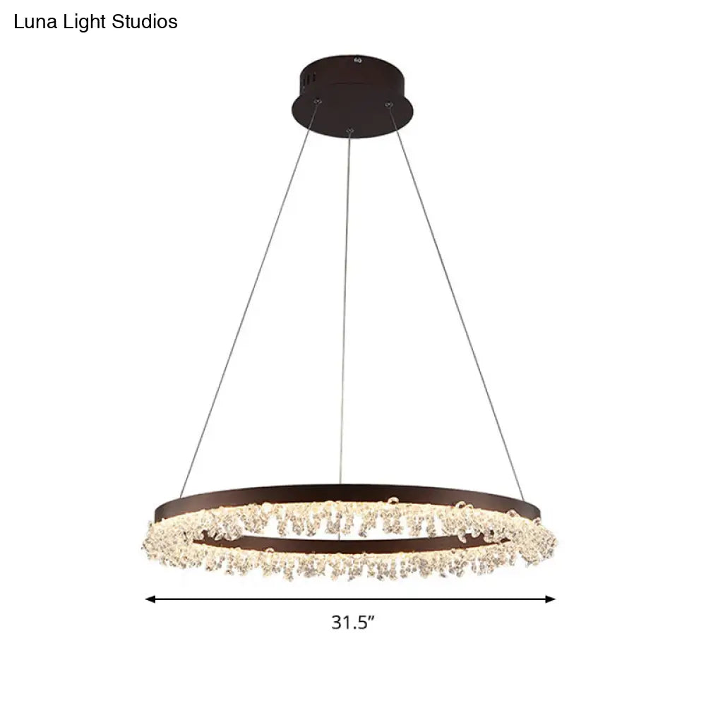 Contemporary Crystal Led Chandelier Light: Brown Round Hanging Lamp Natural Light For Bedroom -