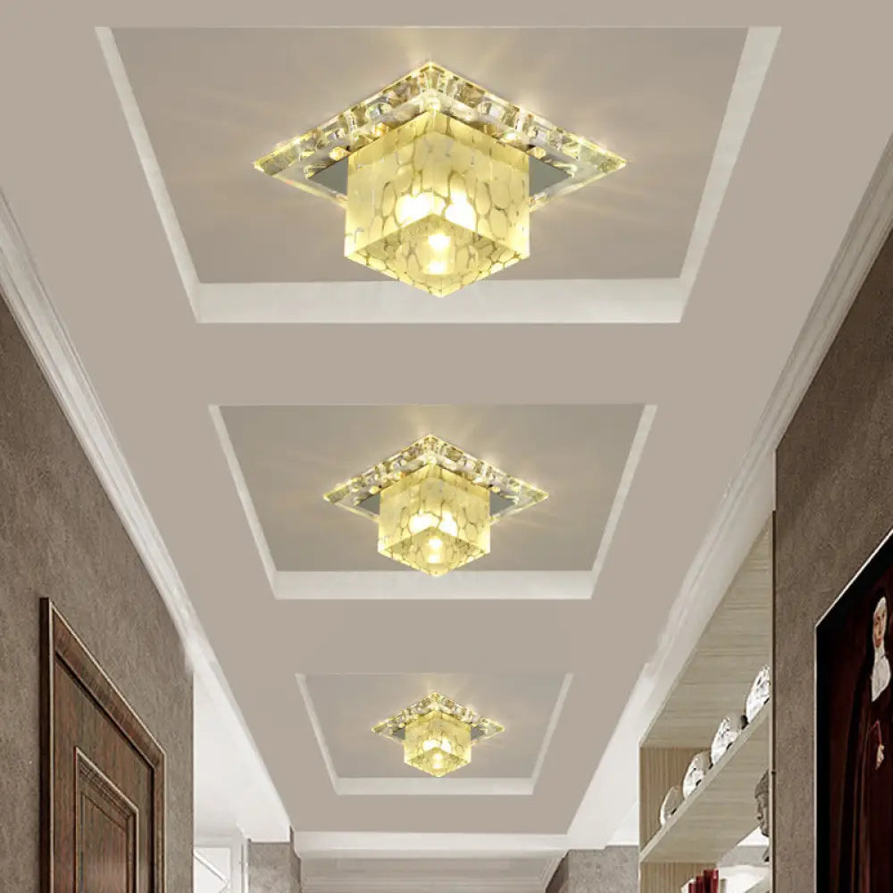 Contemporary Crystal Led Chrome Flush Mount Ceiling Lamp - Cubic Shape Ideal For Corridor / Warm