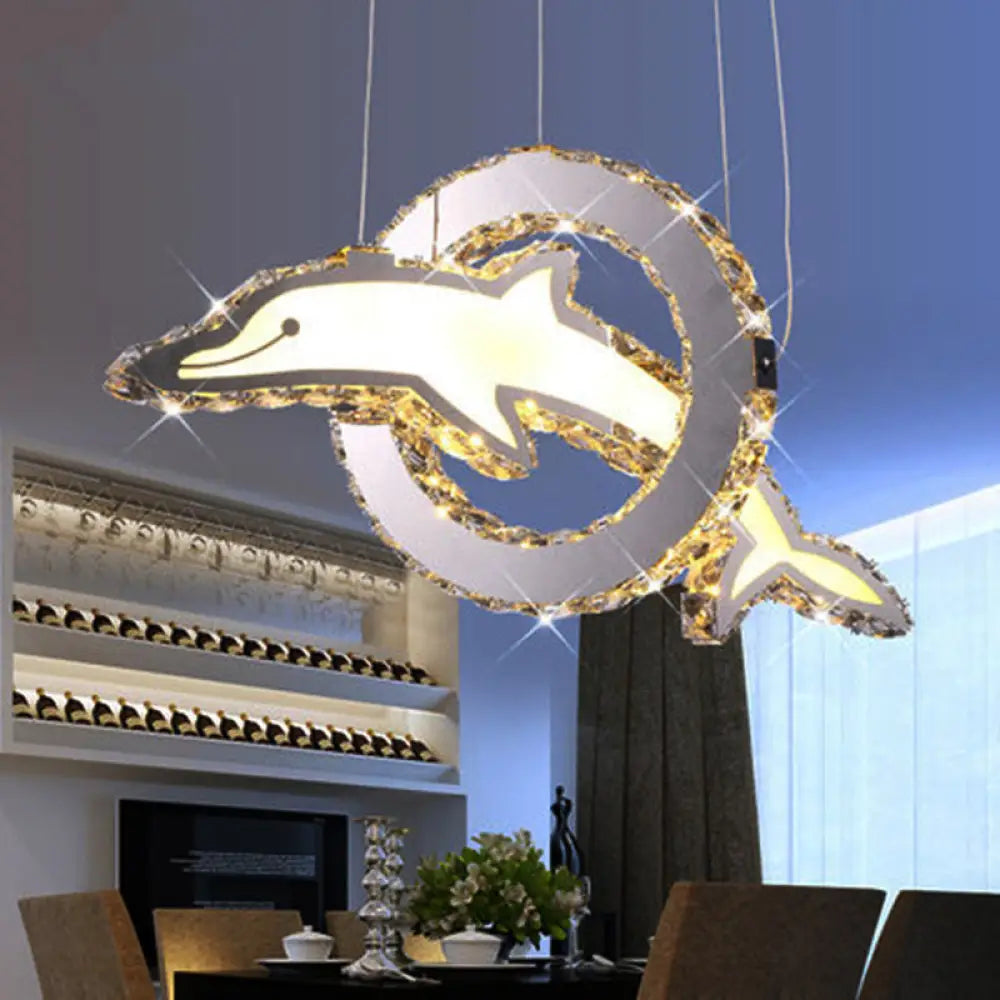 Contemporary Crystal Led Dolphin Chandelier: Chrome Hanging Light In White/Warm/Natural / Warm