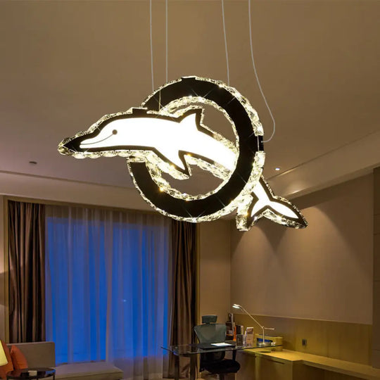 Contemporary Crystal Led Dolphin Chandelier: Chrome Hanging Light In White/Warm/Natural / Natural