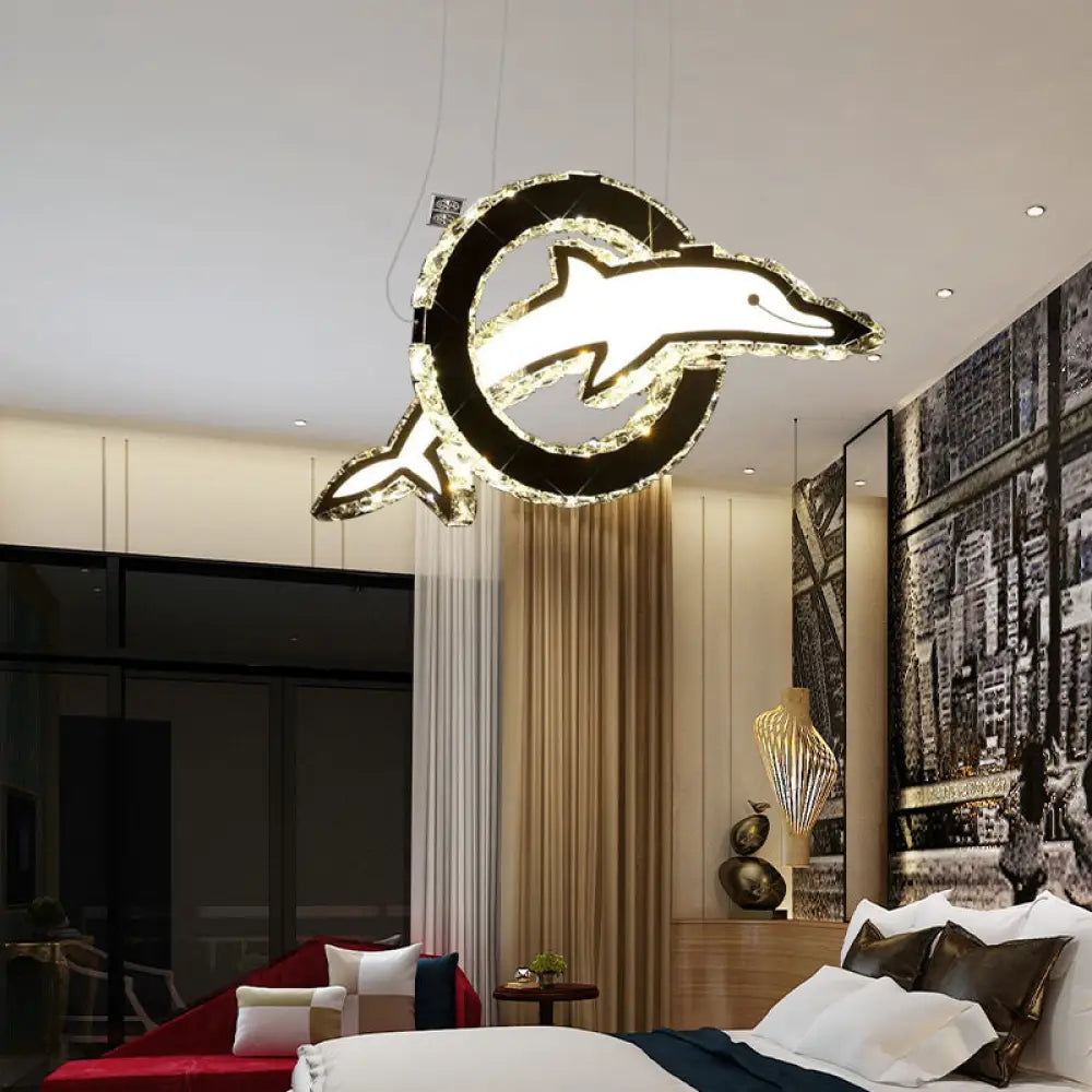 Contemporary Crystal Led Dolphin Chandelier: Chrome Hanging Light In White/Warm/Natural / White