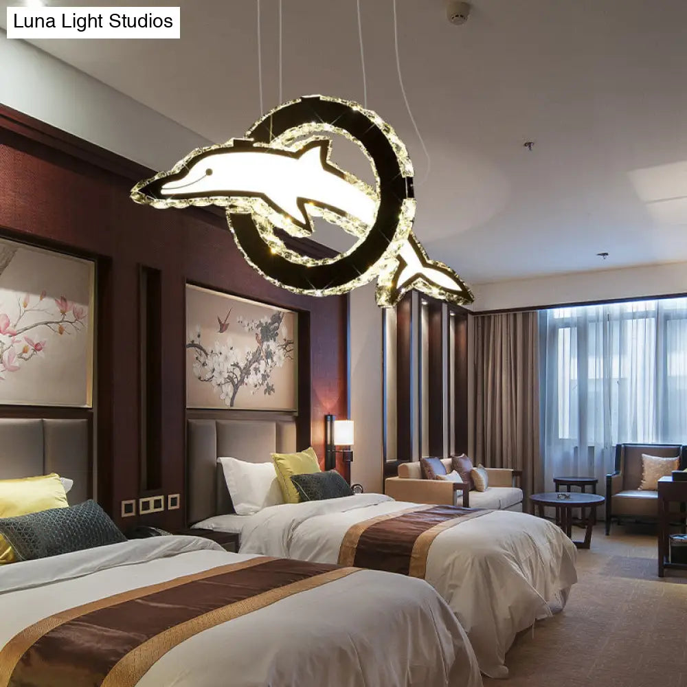 Contemporary Crystal Led Dolphin Chandelier: Chrome Hanging Light In White/Warm/Natural