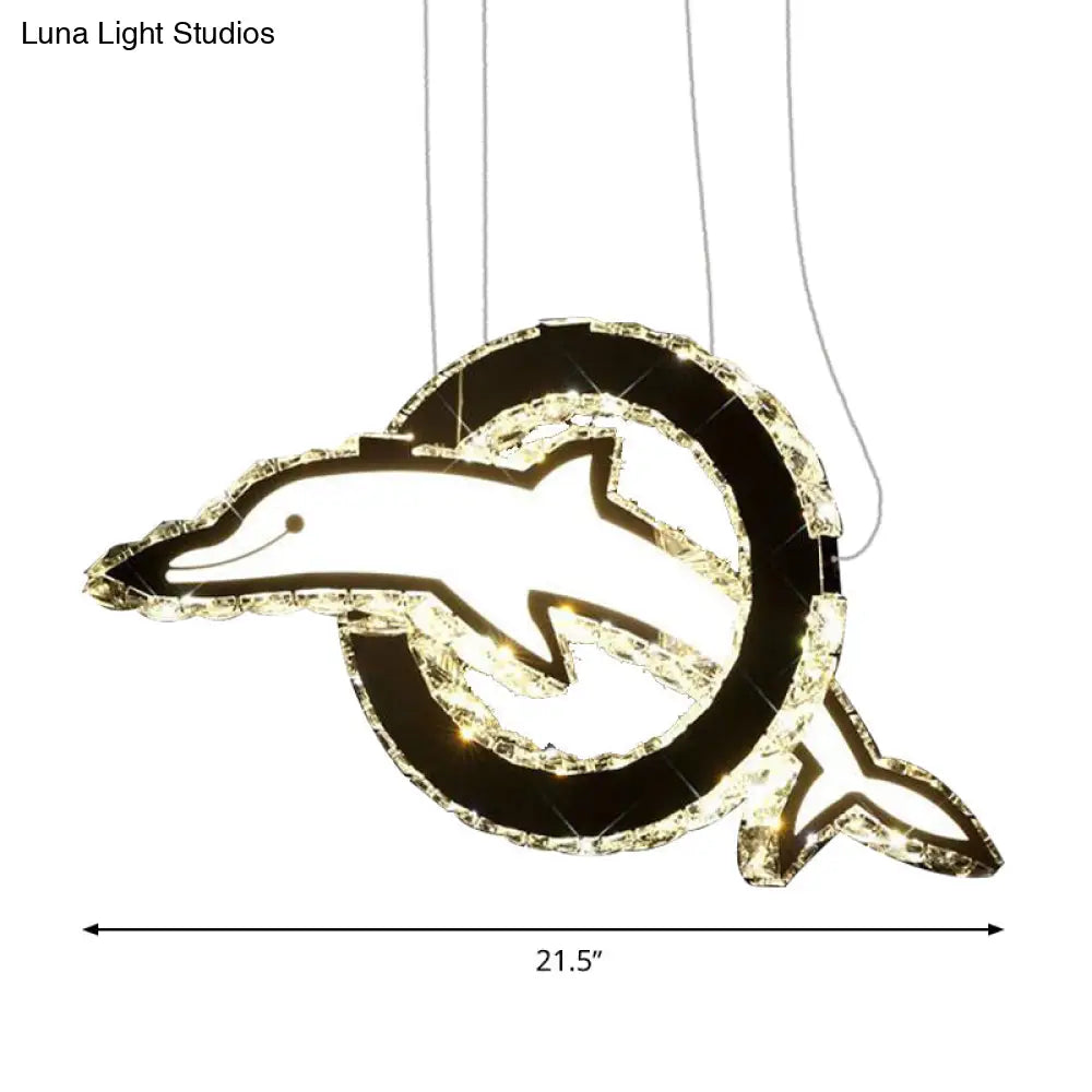 Contemporary Crystal Led Dolphin Chandelier: Chrome Hanging Light In White/Warm/Natural