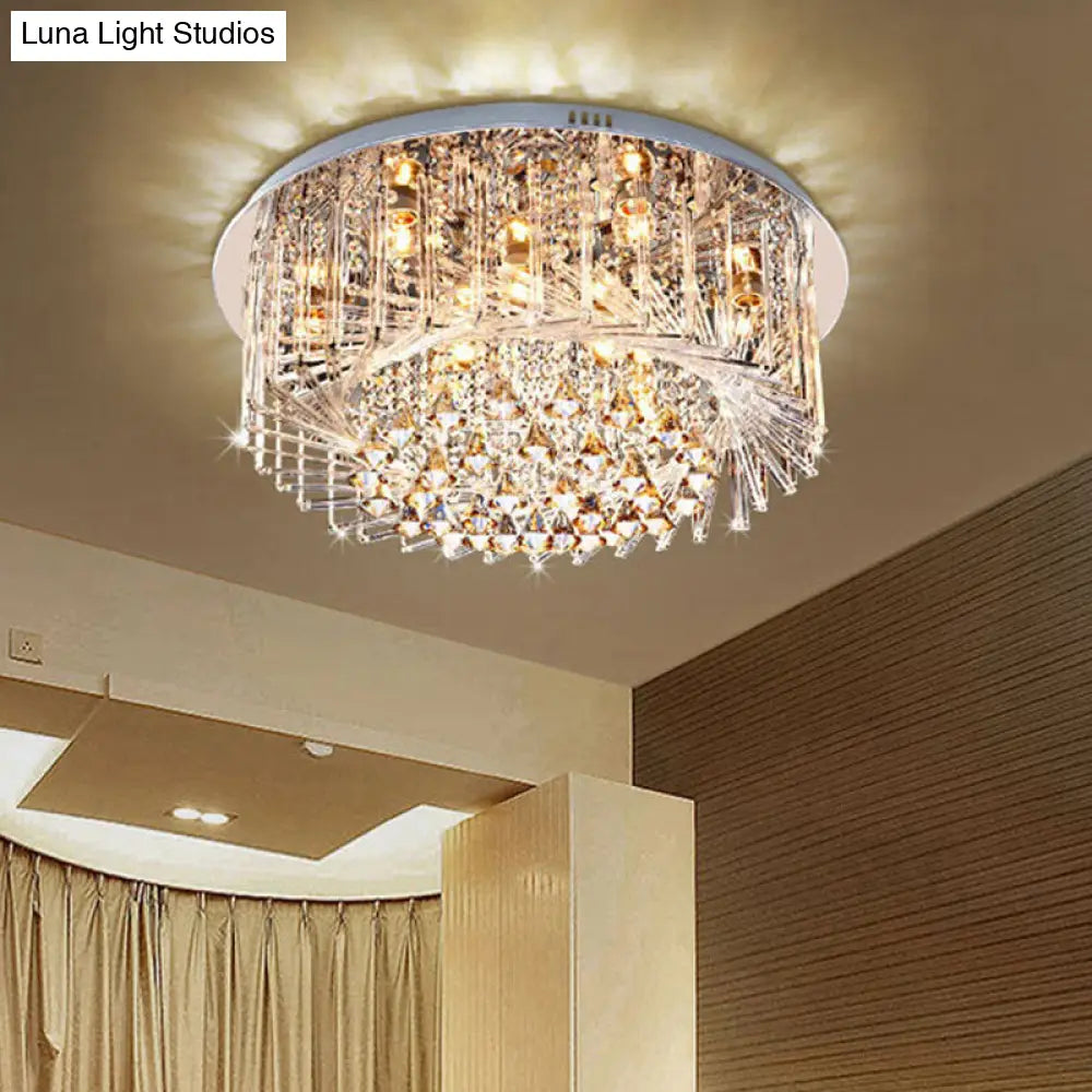 Contemporary Crystal Led Drum Ceiling Lamp With Chrome Flush Mount - 23.5’/31.5’ Wide
