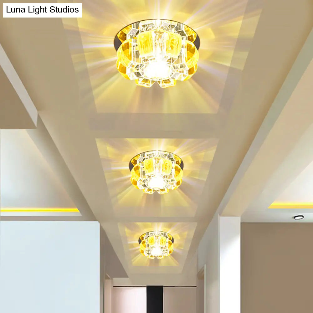 Contemporary Crystal Led Flush Mount Ceiling Light - Clear Floral Design For Entryway