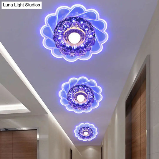 Contemporary Crystal Led Flush Mount Ceiling Light - Clear Flower Design For Hallway / Blue