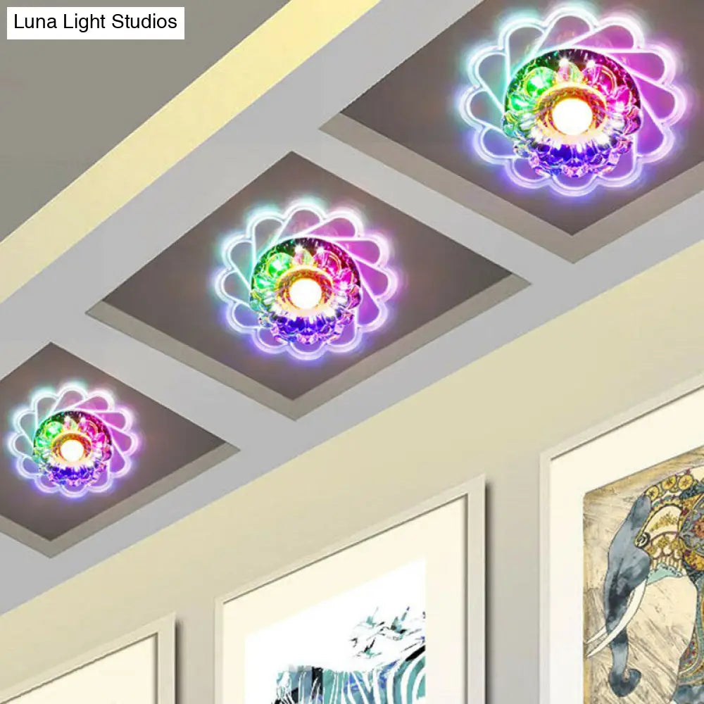 Contemporary Crystal Led Flush Mount Ceiling Light - Clear Flower Design For Hallway