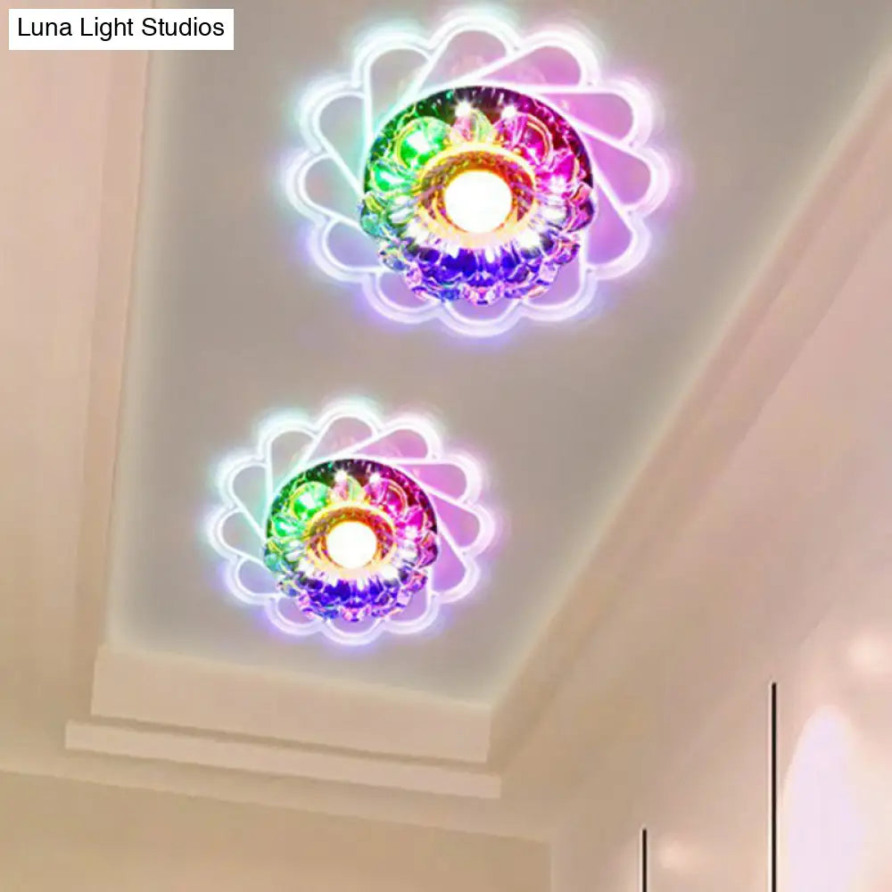 Contemporary Crystal Led Flush Mount Ceiling Light - Clear Flower Design For Hallway