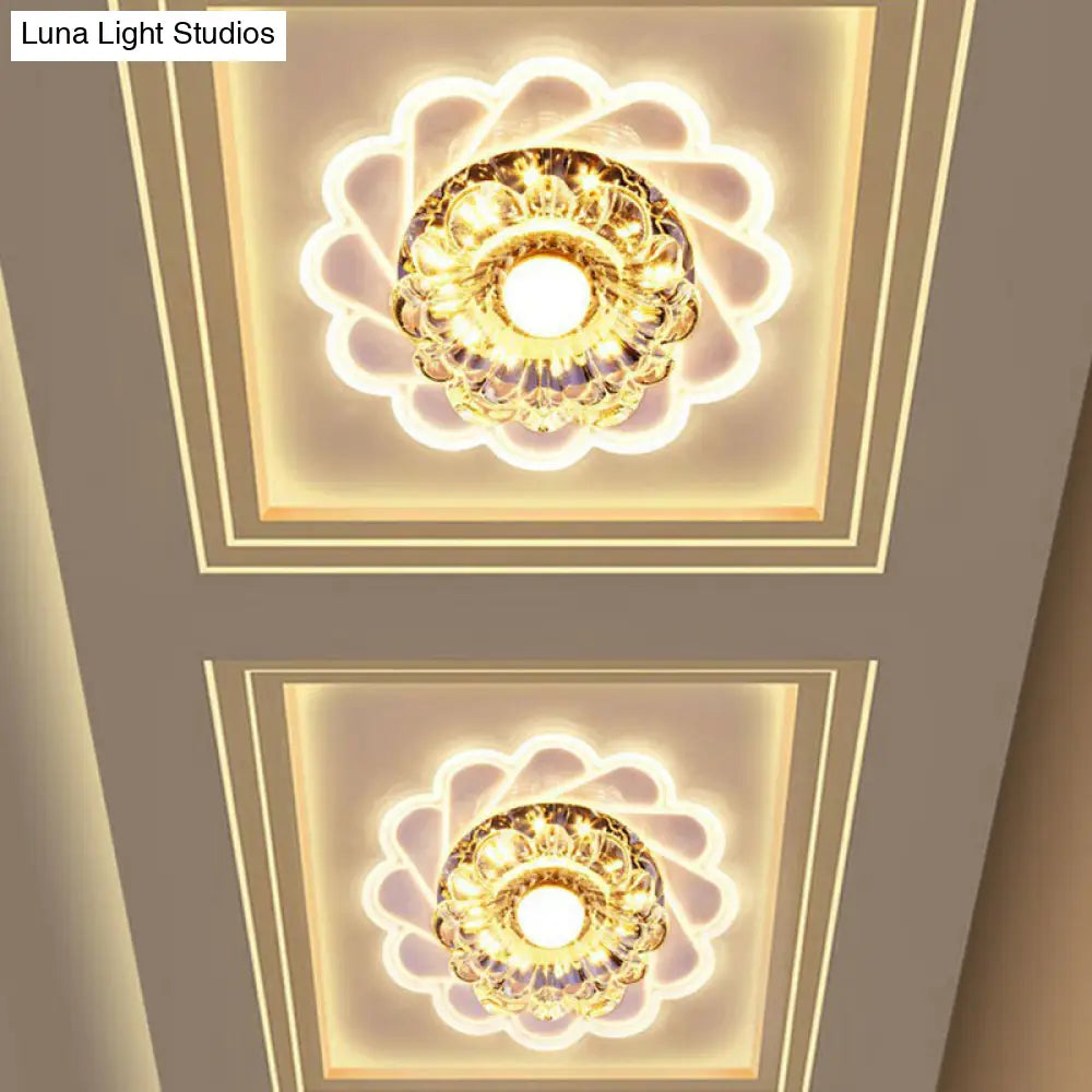 Contemporary Crystal Led Flush Mount Ceiling Light - Clear Flower Design For Hallway