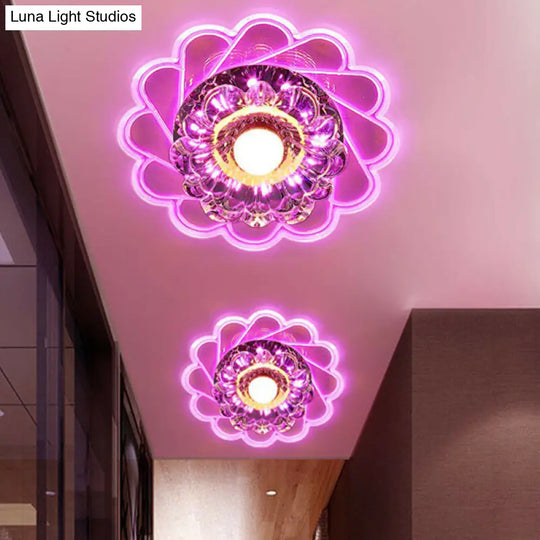 Contemporary Crystal Led Flush Mount Ceiling Light - Clear Flower Design For Hallway / Pink