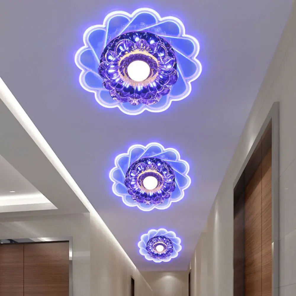 Contemporary Crystal Led Flush Mount Ceiling Light - Clear Flower Design For Hallway / Blue