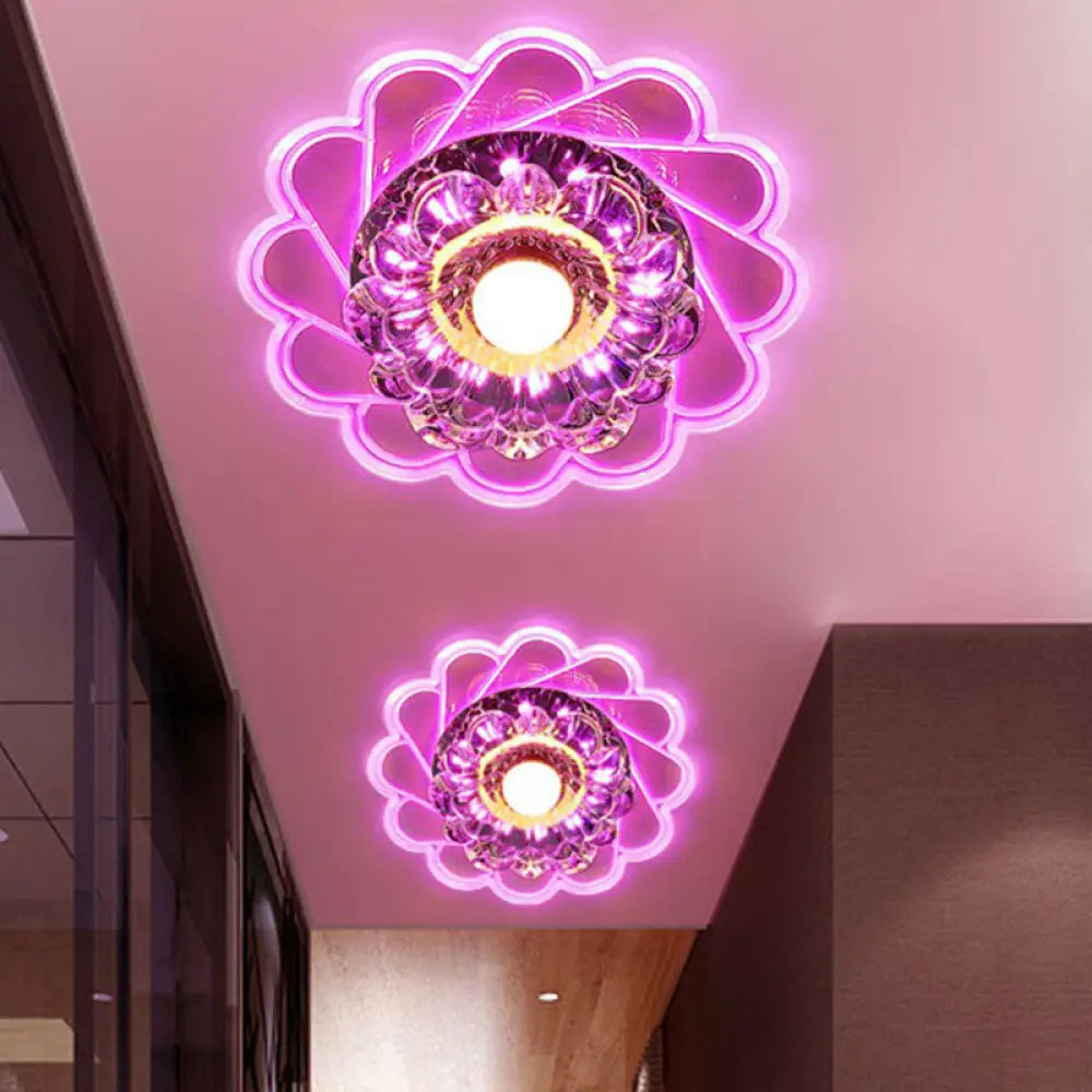 Contemporary Crystal Led Flush Mount Ceiling Light - Clear Flower Design For Hallway / Pink