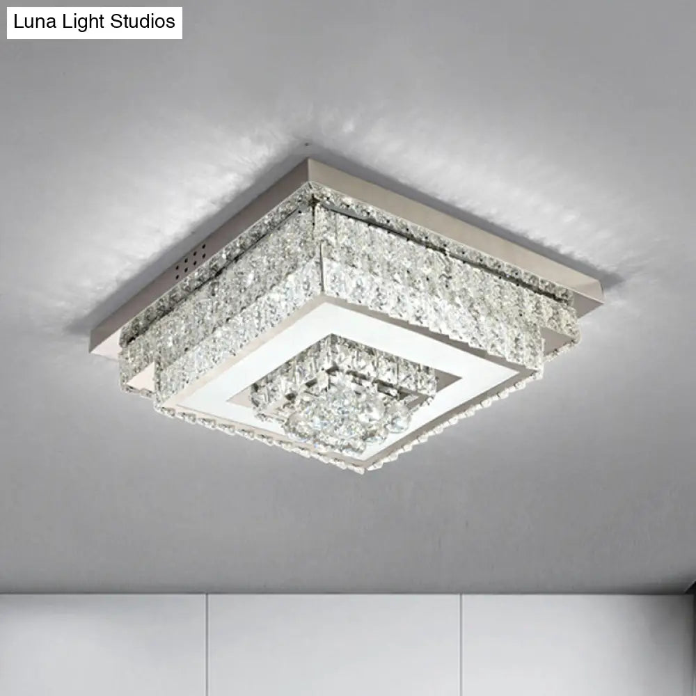 Contemporary Crystal Led Flush Mount Ceiling Light With Clear Drops For Bedroom / Square Plate