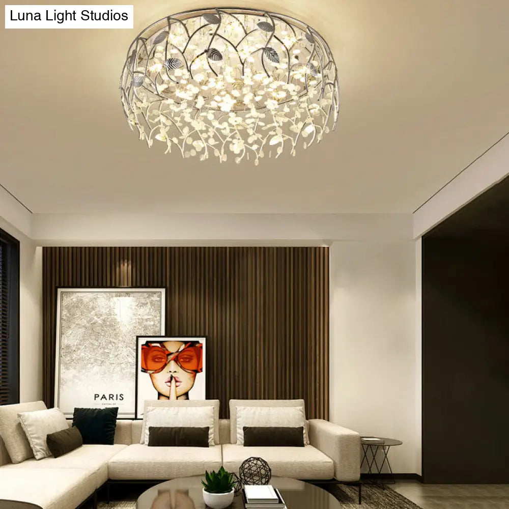 Contemporary Crystal Led Flush Mount Lamp - Chrome Finish For Living Room