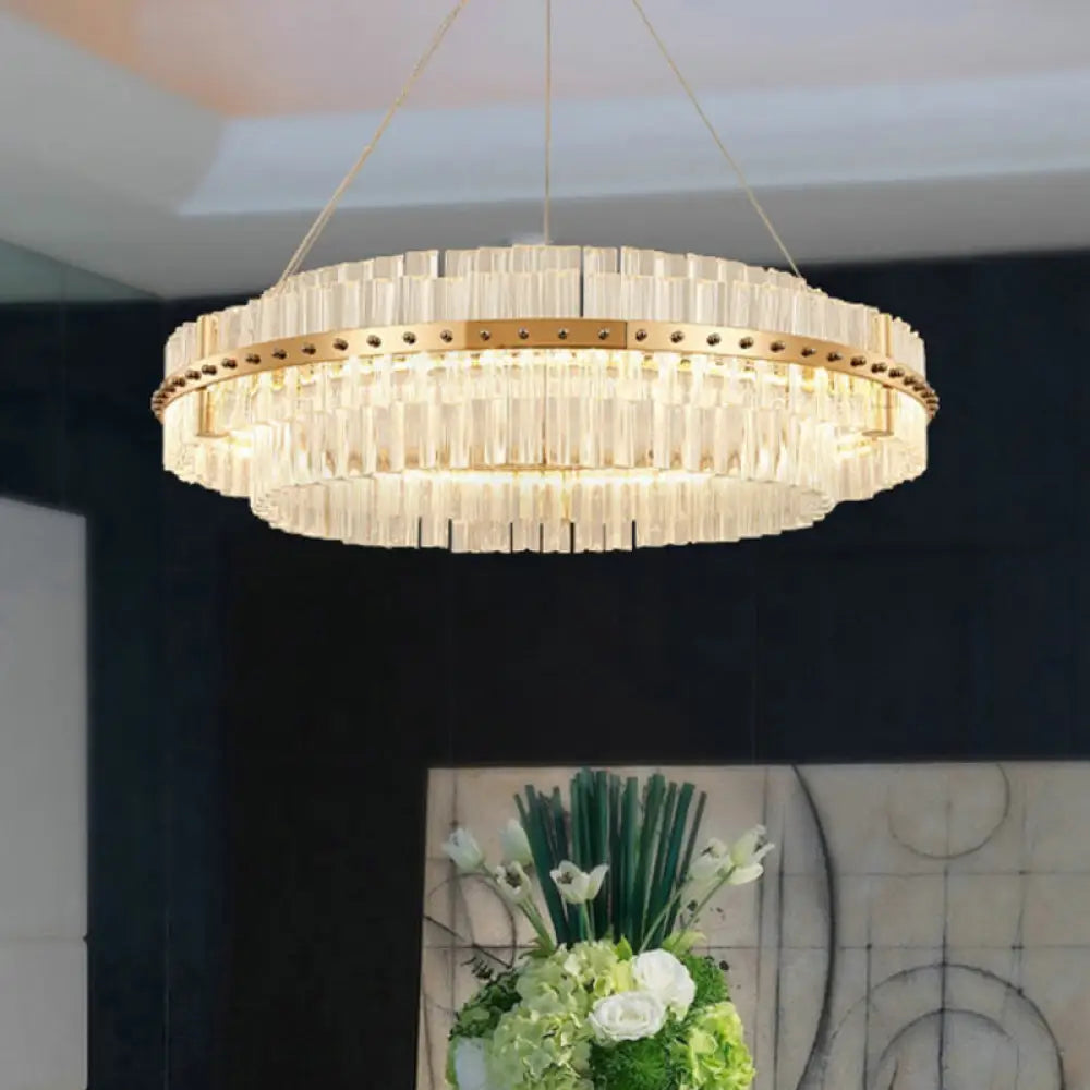 Contemporary Crystal Led Gold Chandelier - 19.5’’ Diameter 2-Tier Adjustable Hanging Cords